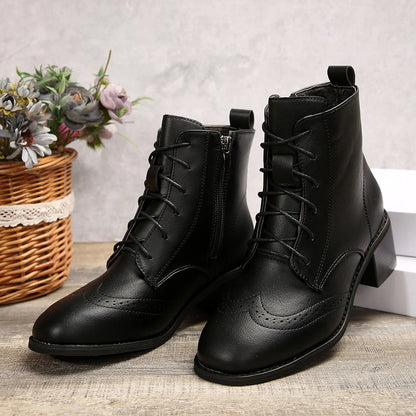 Square Head Splice Lace Up Versatile Autumn Winter Square Med Heel Ankle Boots Lace Up Zipper Pumps Leather Shoes