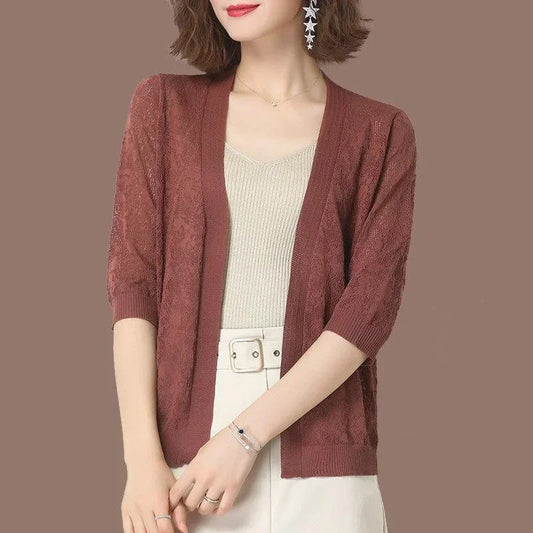 Summer Oversized Knit Cardigan Jackets Half Sleeve Lace Knitwears Coats Korean Hollow Out Sunscreen Tops