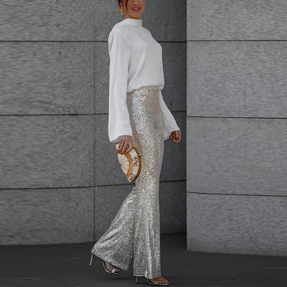 Spring Glitter Sequin Shiny Party Pants High Wiast Slim Flare Trousers New Autumn Straight Pant