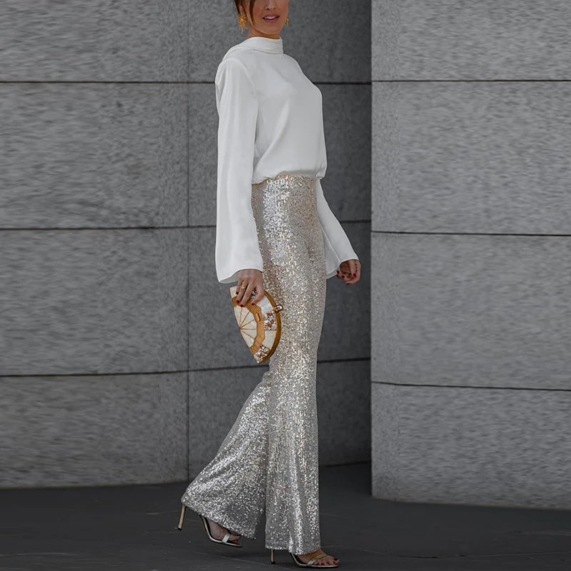 Spring Glitter Sequin Shiny Party Pants High Wiast Slim Flare Trousers New Autumn Straight Pant