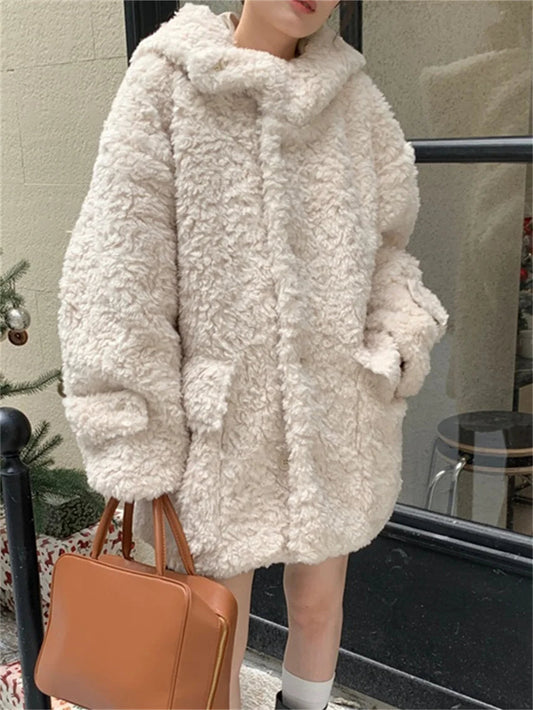 Winter Loose Lamb Wool Coats Gentle Thicken Office Lady All Match Hooded Warm Daily