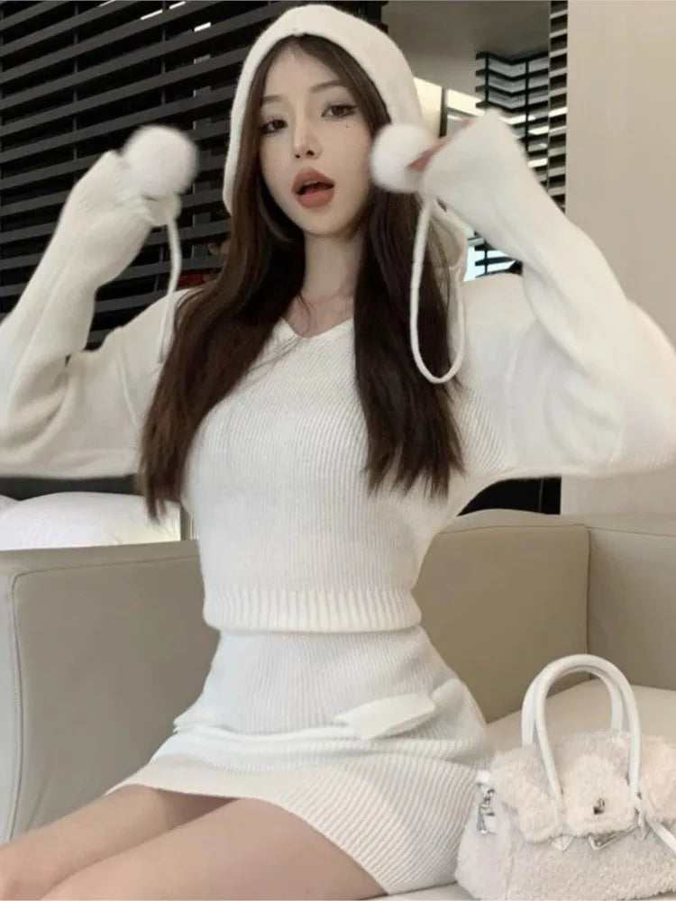 Autumn ’s Knitted Dresses for Hoodies V-neck Long Sleeve Bodycon Short Dress Korean Vestidos Mujer New