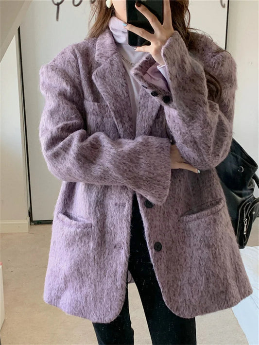 Purple Slimfit Blazers Winter Woolen Mujer Office Lady High Street Ol Warm New All Match Coats