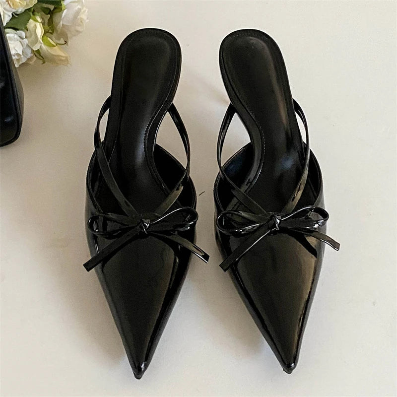 Silver White Butterflyknot Pointed Toe Slippers Shoes Party Dress Thin Heels Sandals