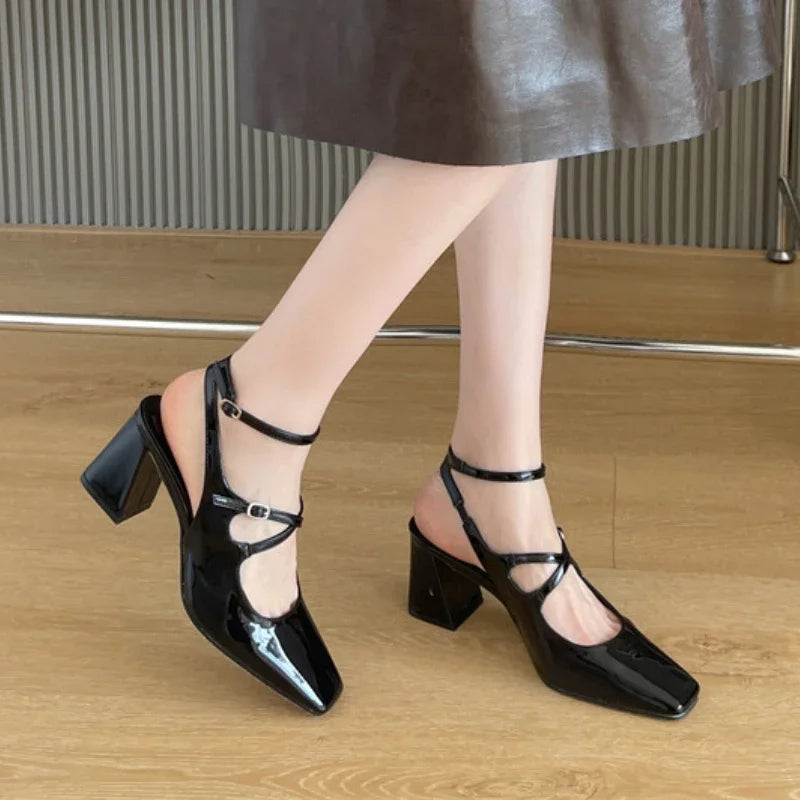 Design Mary Jane Shoes Cross Belt Buckle Chunky Slingback Shoes Leopard Elegance High Heeled Sandals