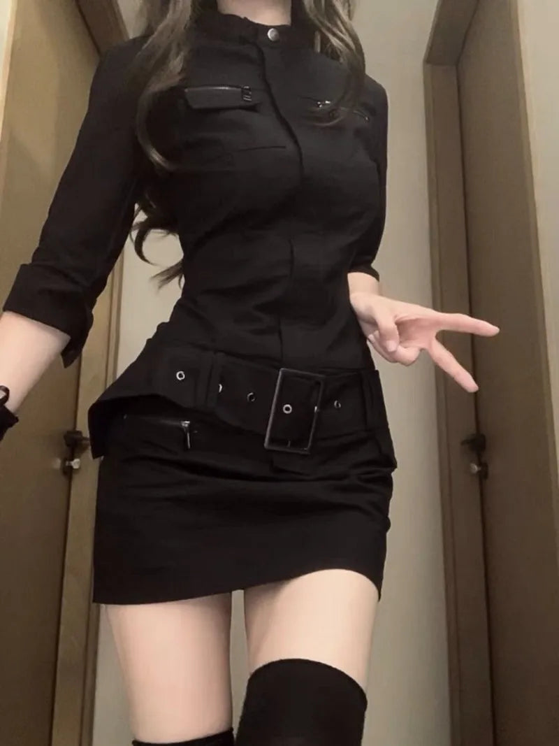 Autumn Cargo Clothing Black Slim Y2k Mini Dress Short Party Bodycon One Piece Korean