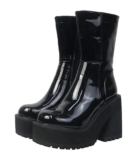 Platform Chunky High Heeled Knee High Boots Cool Round Toe Sweet Heeled Boots Gothic Uniform Dress Shoes