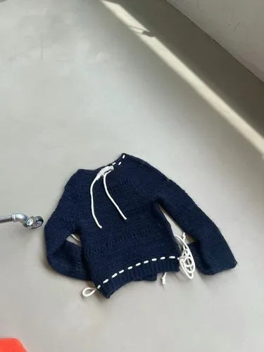 Autumn for Crop Tops Korean Retro High Street Hollow Out Bandage Cashmere Sweater Knit Pullover Tops