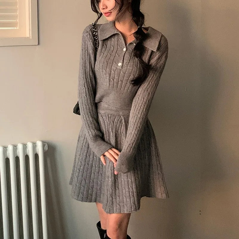 Korean Two-piece Set Pullover Turn-down Collar Crop Top Mini Skirt Suit Autumn New Knitwear Outfits