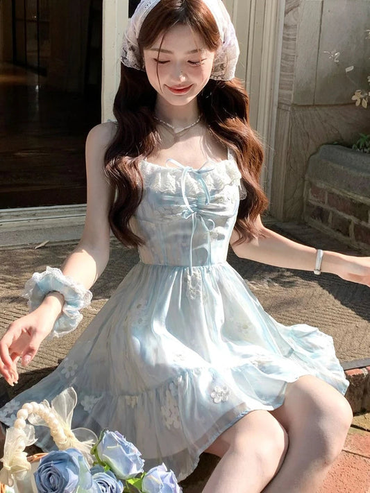 Beach Even Party Mini Dress Summer Sleeveless Kawaii Strap Dress Y2k Fairy Dress Japanese