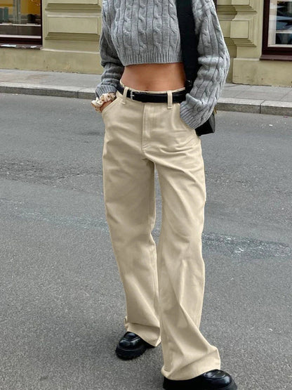 Khaki Classic Wide Leg Pant High Waist Pocket Loose Simple Trouser Autumn Winter Pants New