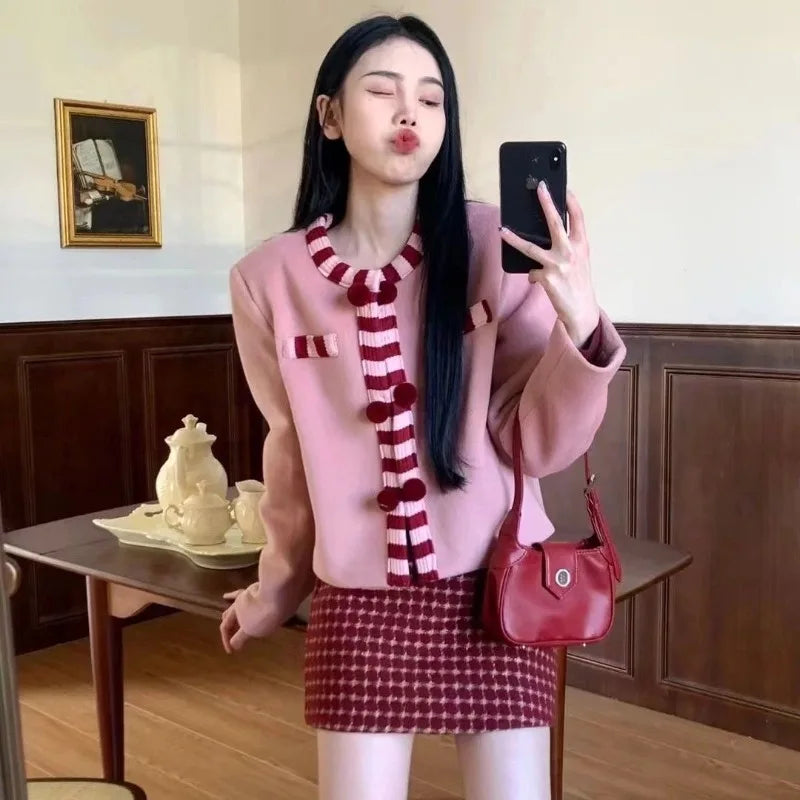 Sweet Hot Girl Suit Winter Woolen Longsleeved Cardigan Plaid Wrap Hip Skirt Twopiece Set Female Clothes