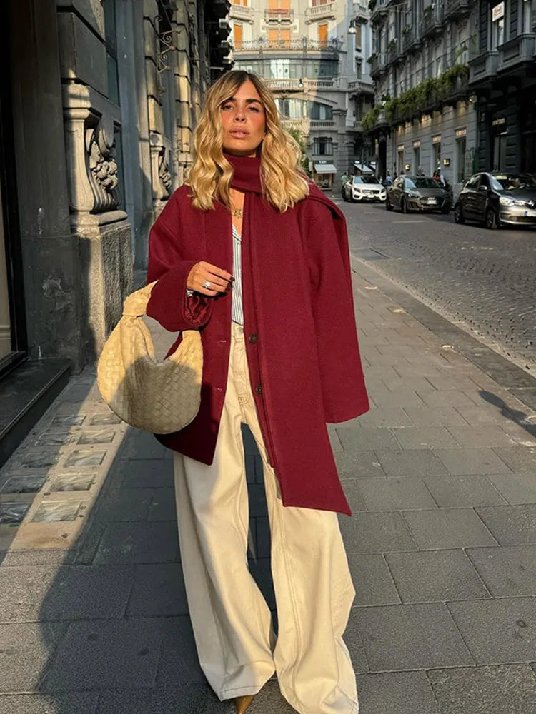 Causal Burgundy Autumn Full Sleeve Woolen Coat With Scarf Single Breasted Jacket Female New Office Wear