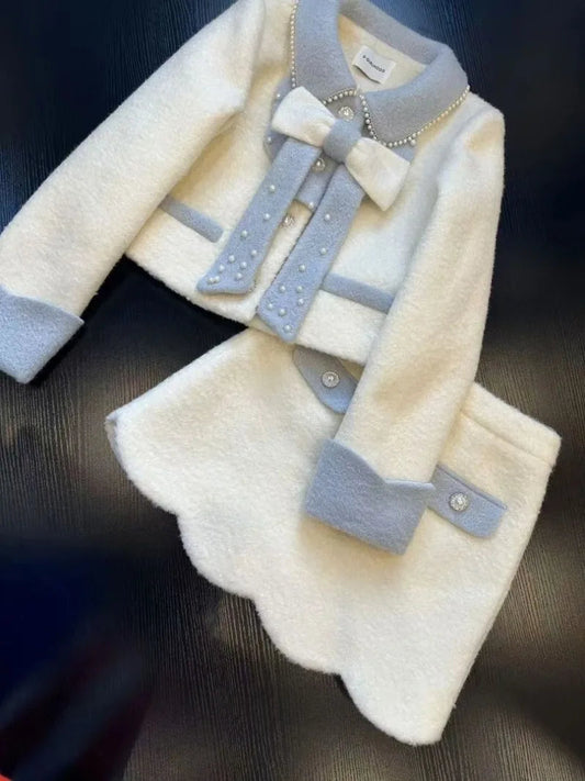 Sweet Hot Girl Suit Autumn/winter Bow Beaded Longsleeved Coat High Waisted Aline Skirt Twopiece Set Female Clothes