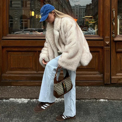 Winter Ins Hot Oversized Gradient Fur Coat Thick Warm Outerwear Fluffy Faux Fox Fur Jacket