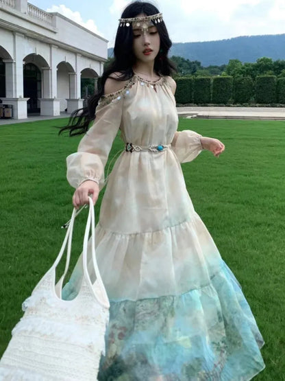 Autumn Printed Midi Dress for Off Shoulder Halter Long Sleeve Loose Aline Dresses Female Vestidos Mujer