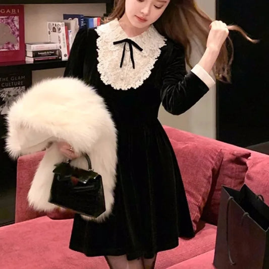 French Princess Evening Party Dresses Lace Patchwork Velvet Mini Dress A-line Korean Autumn Vestidos Mujer