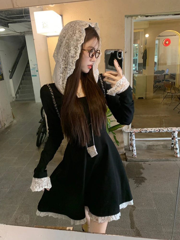 Black Mini Dress for Lace Hooded Long Sleeve Aline Dress French Style Spring Autumn Dress