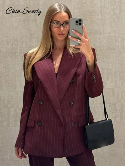 Striped Pant 2 Piece Set Double-breasted Full Sleeve Blazer Wide Leg Zipper Long Trousers Female Lady Commute Outfits