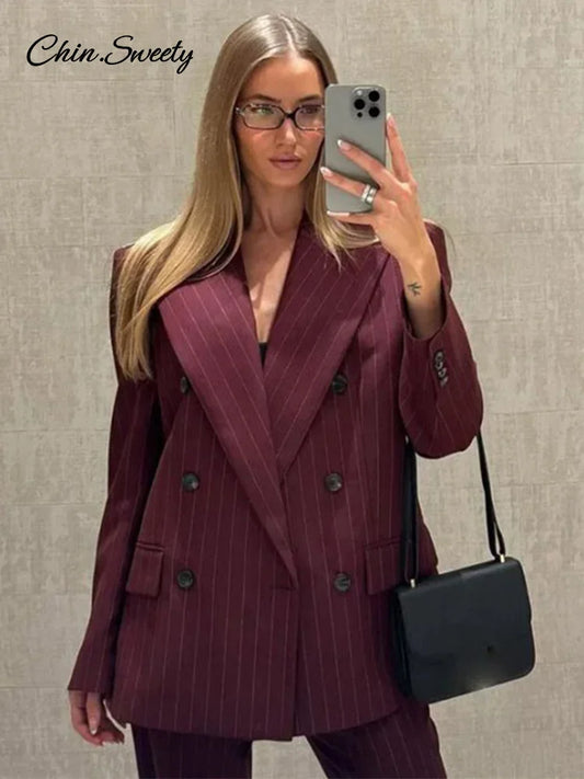 Striped Pant 2 Piece Set Double-breasted Full Sleeve Blazer Wide Leg Zipper Long Trousers Female Lady Commute Outfits