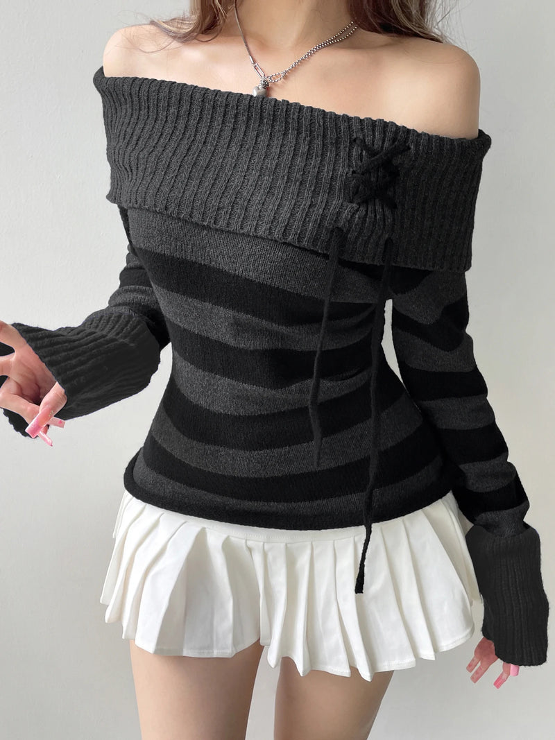 Off Shoulder Slim Knitted Stripe Jumper Lace-up Slash Neck Long Sleeve Sweater Tee Korean Street Knittwear