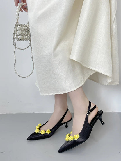 Pink High Heels Pointed Toe Slingback Shoes Summer Small Flower Low Heel Office Shoes Black Pumps White Talons Femme