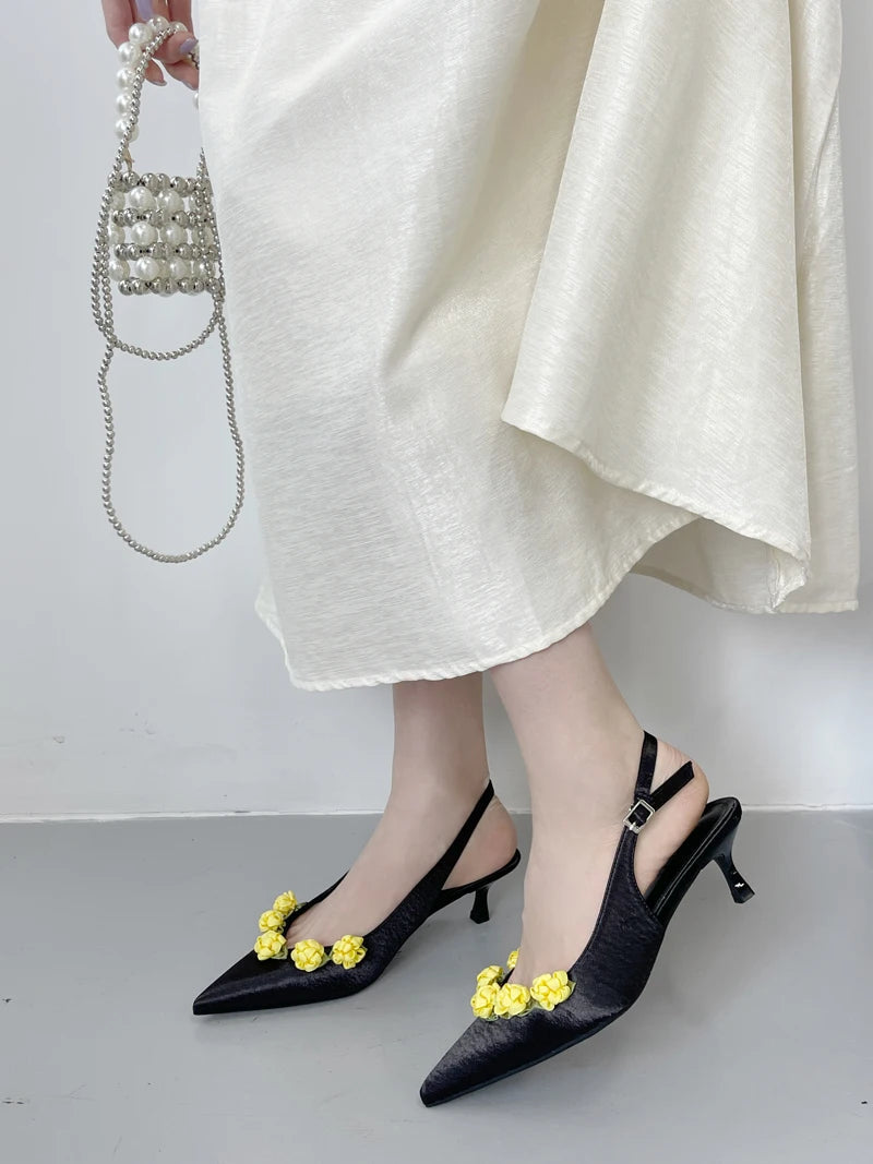 Pink High Heels Pointed Toe Slingback Shoes Summer Small Flower Low Heel Office Shoes Black Pumps White Talons Femme