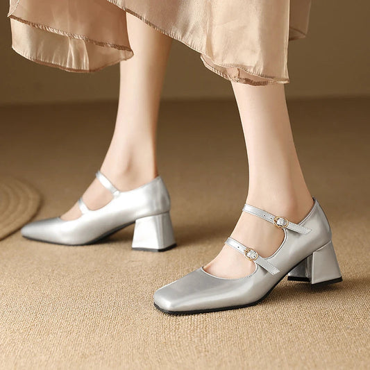 Silver Black Burgundy Heels Buckle Strap High Heels Pumps Mary Jane Shoes Lady Party Wedding Shoes