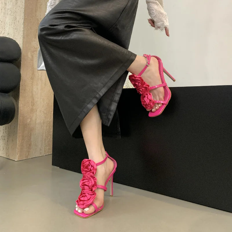 Flower Heeled Sandal Silk Rose Flower Opentoe Stiletto Shoes Roman Sandals 3540 Sizes High Heels