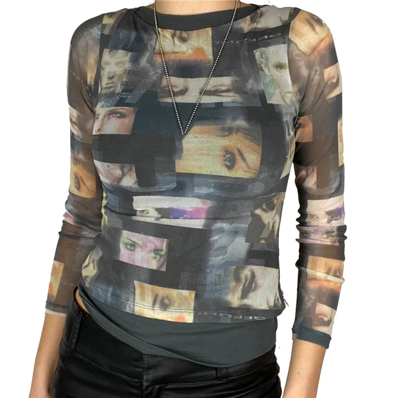 Fairy Grunge Shirt Basic Mesh Print Top E Girl Gothic Punk Style T-shirts Tees Clothes Street Tops Clothing