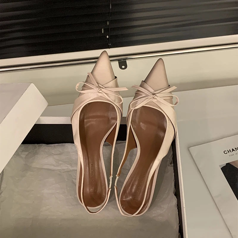 Bowktie Pointed Toe Slingbacks Low Thin Heel Dress Shoes