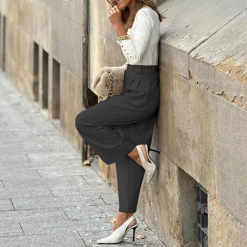 Button Fly Suit Pants for Spring High Waist Straight Trousers Autumn Pocket Formal Work Pants Mujer Harajuku