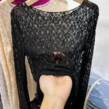 Lace Mesh High Collar Bottom T-shirts Female Long Sleeve Autumn Style Tight Thin Tops T-shirts Clothes