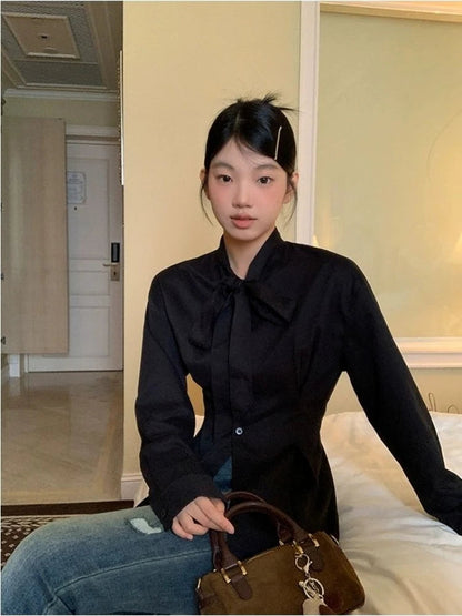 Black Shirts for Slim Long Sleeve Blouse With Bow Pleated Tops Korean Spring Autumn Office Clothes