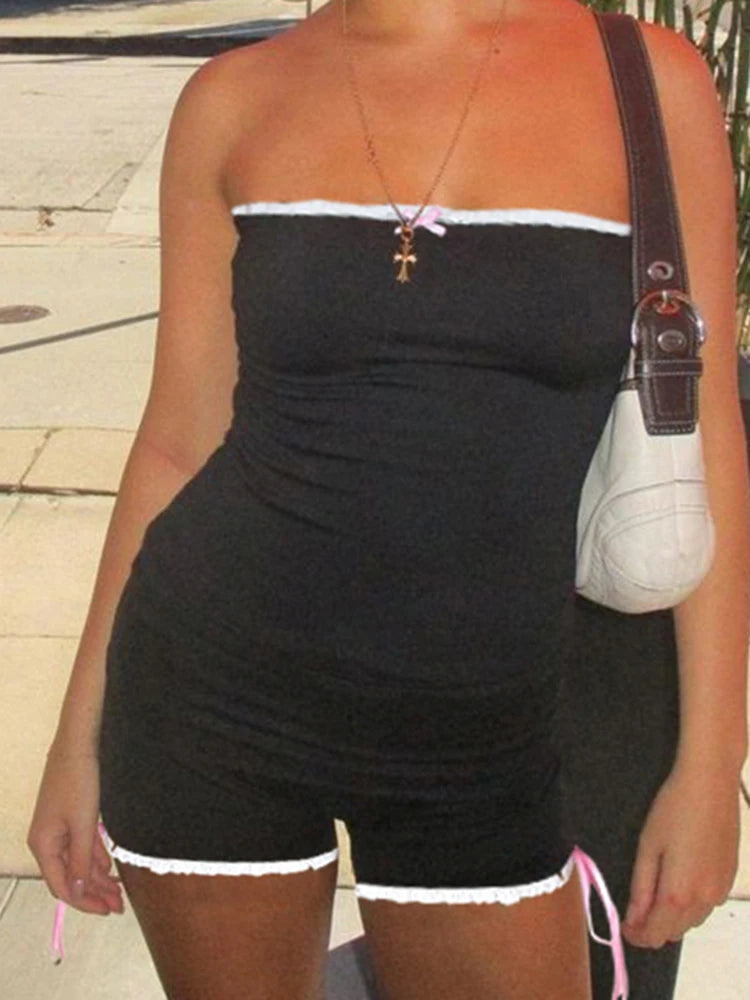 Strapless Contrast Binding Bow Skinny Sleeveless Bodycon Rompers Playsuits