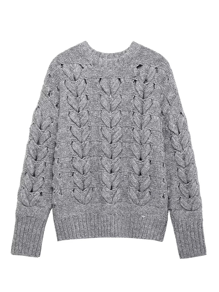 Knitted O-neck Sweaters Loose Gray Long Sleeve Pullover Sweater Woman Versatile Street Knitwear