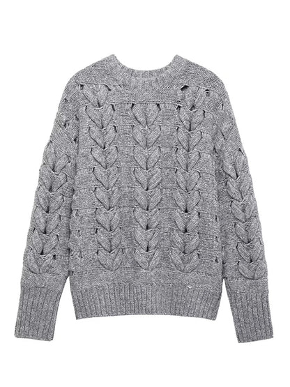Knitted O-neck Sweaters Loose Gray Long Sleeve Pullover Sweater Woman Versatile Street Knitwear