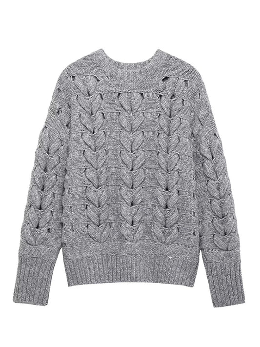 Knitted O-neck Sweaters Loose Gray Long Sleeve Pullover Sweater Woman Versatile Street Knitwear