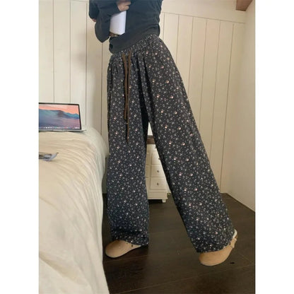 Sweatpants Woman Korean Baggy Thick Flower Print Wide Leg Pants Harajuku High Waist Autumn Warm Trousers