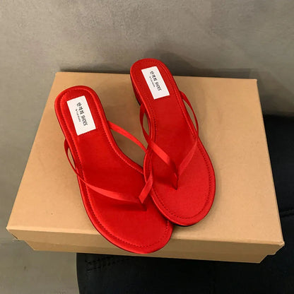 Summer New Slipper Narrow Band Slip on Flip on Shoes Low Wedge Heel Outdoor Dress Slides New Woman