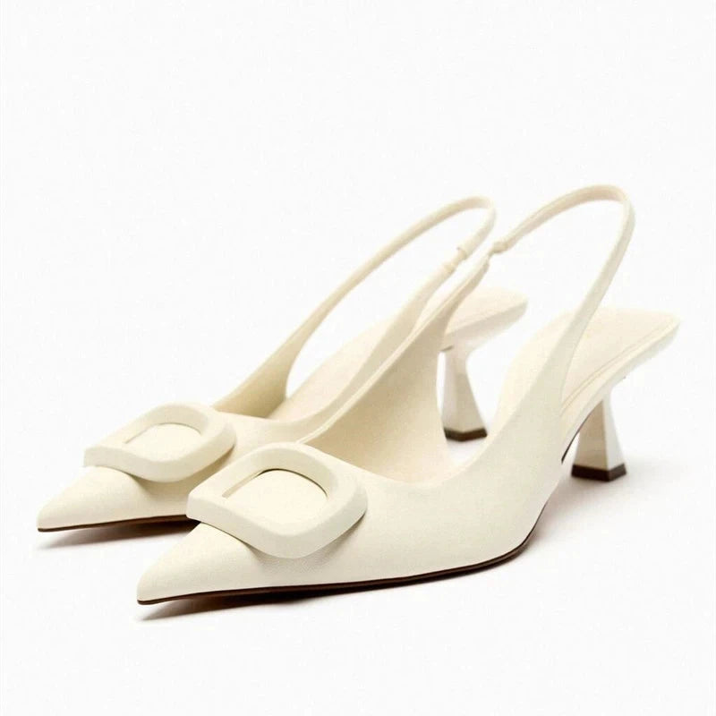 Blue Denim Fabric Slingbacks for Woman Cross Thin Buckle Strap Upper Stiletto Sandals Point Toe Thin Kitten Heel Pump