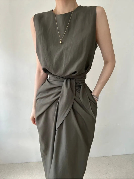 Sweet Hot Girl Pure Twist Laceup Dress Autumn Slim Sleeveless Long Dress Female Clothes