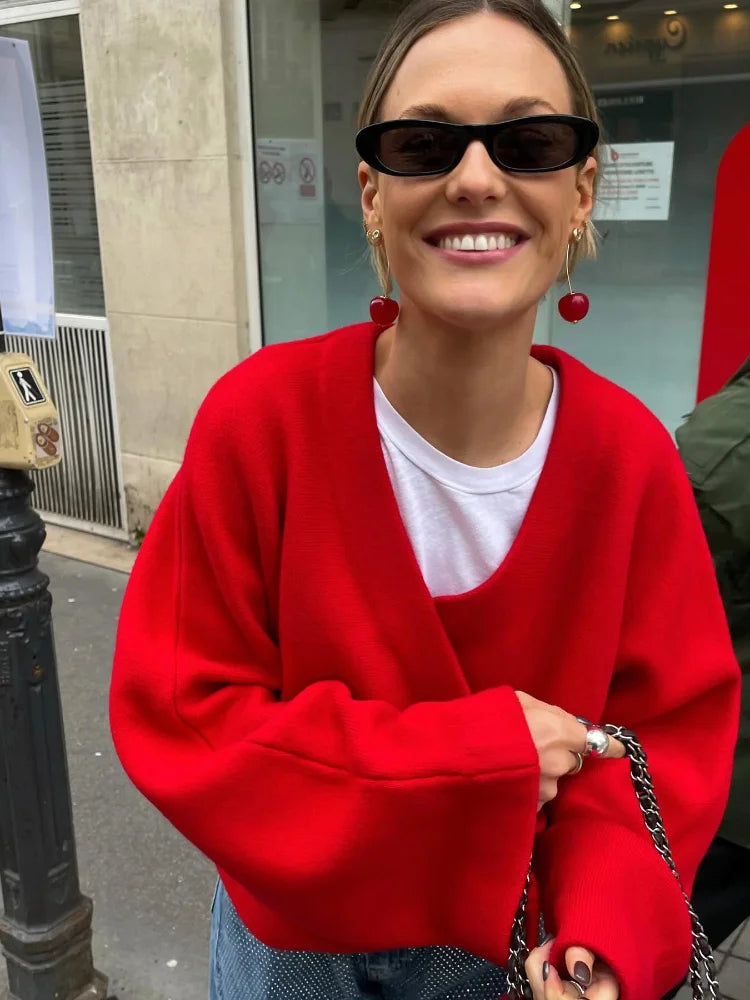 Retro Red Vneck Loose Woolen Pullover Jacket Long Sleeve Knitted Sweater New Autumn Female Knitwear Top