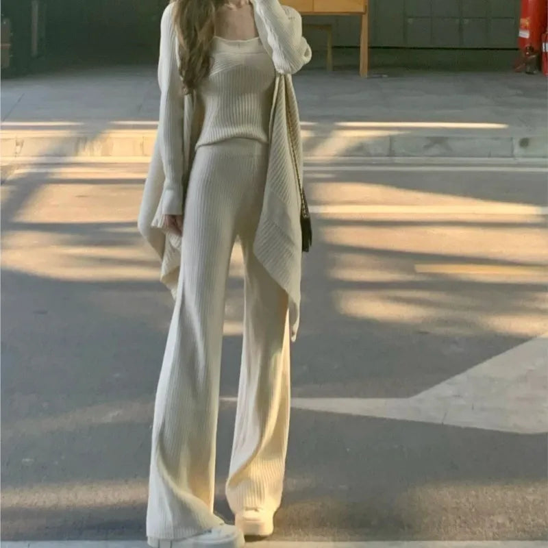 Autumn Winter Knitted 3-piece Set Tank Top Long Pants Cardigan Sweater Pullover Korean Outfits New