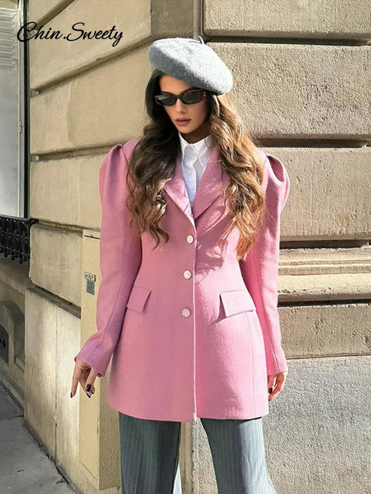 ’s Puff Sleeve Blazer Slim Lapel Single Breasted Cinched Waist Female Jacket Spring Lady High Street Outwears