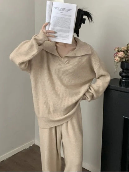 Autumn Winter ’s Knitted 2-piece Set Lapel Pullover Sweater Long Pants Korean Female Clothing Knitwear New