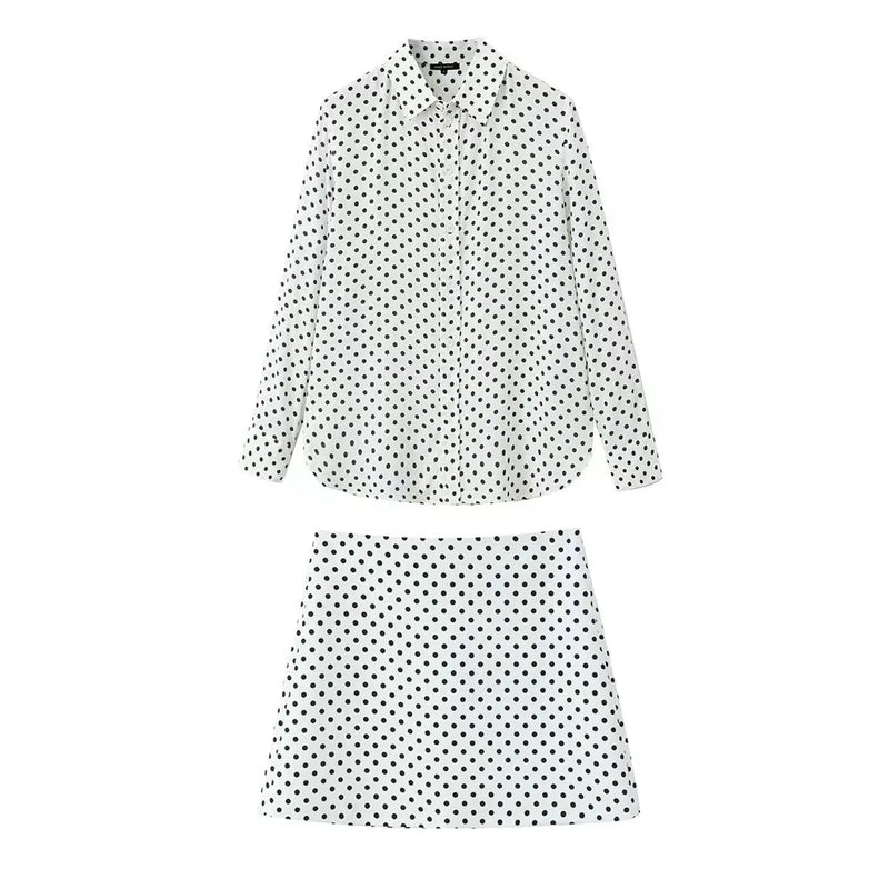 2 Piece Set Dot Printed Singlebreasted Lapel Loose Shirt Top Blouse Female Mini Pencil Skirts