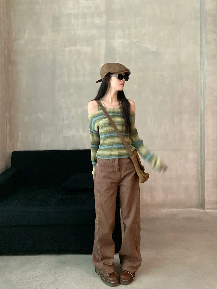 Harajuku Knitted Jumper Striped Long Sleeve Autumn Winter Slash Neck Sweater Korean Slim Pullover Gyaru Grunge Clubwear