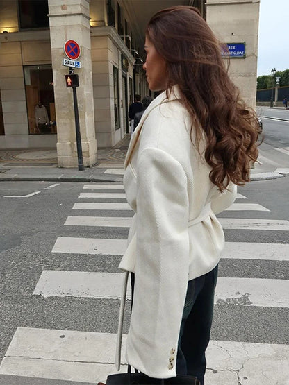 Street Lace Up Cropped Blazer Coat Loose Lapel Pocket Long Sleeve Suit Jackets Female Spring White All-match Outwear