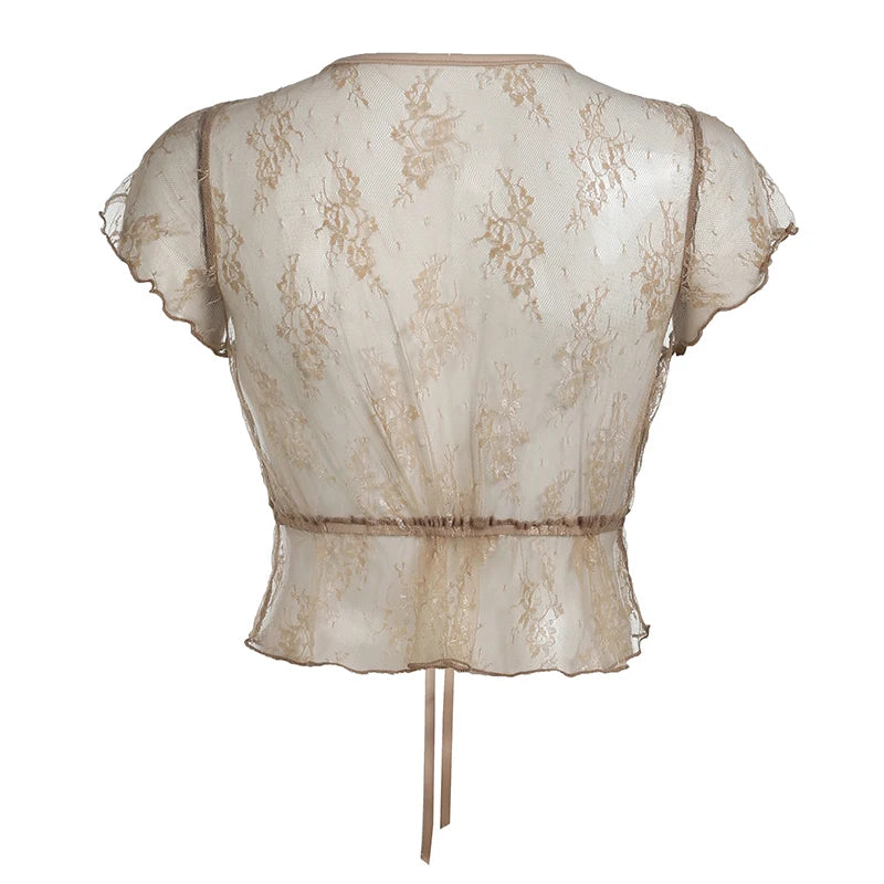 Transparent Lace Cardigan Top Brown Short Sleeve Crop Tee Shirt Y2k Lace-up V Neck Top